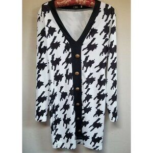 CBR Black & White Tunic Top / Dress Large V-Neck Button Front Long Sleeve Casual